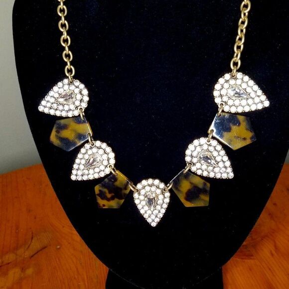 J Crew Faux Tortoiseshell & Pear Shped Rhinestone Statement Necklace - Picture 1 of 8